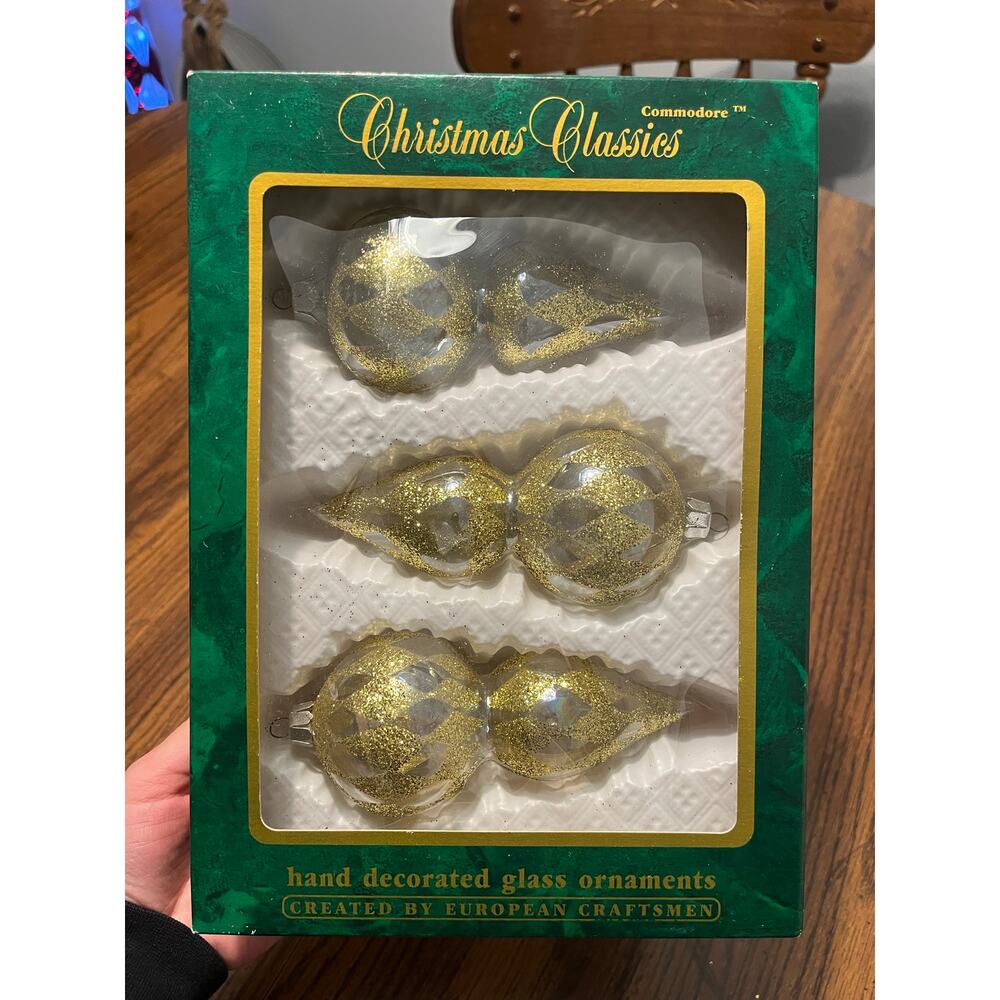 VTG Commodore Christmas Classics GoldGlitter Double Teardrop Glass Ornaments Set
